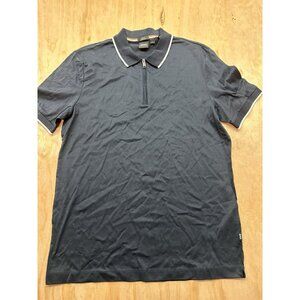Hugo Boss Shirt Black Polo Button Mercerised Cotton Mens M Slim Fit 1/4 Zip